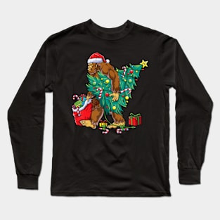 Bigfoot Christmas Tree Lights Xmas Boys Men Sasquatch Lovers Long Sleeve T-Shirt